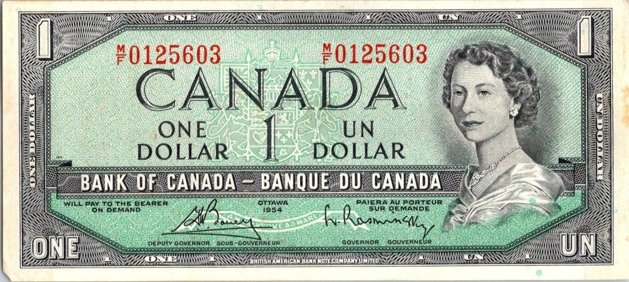 VINTAGE CANADA BANKNOTE 1954 1 DOLLAR PREFIX    MF   NO598
