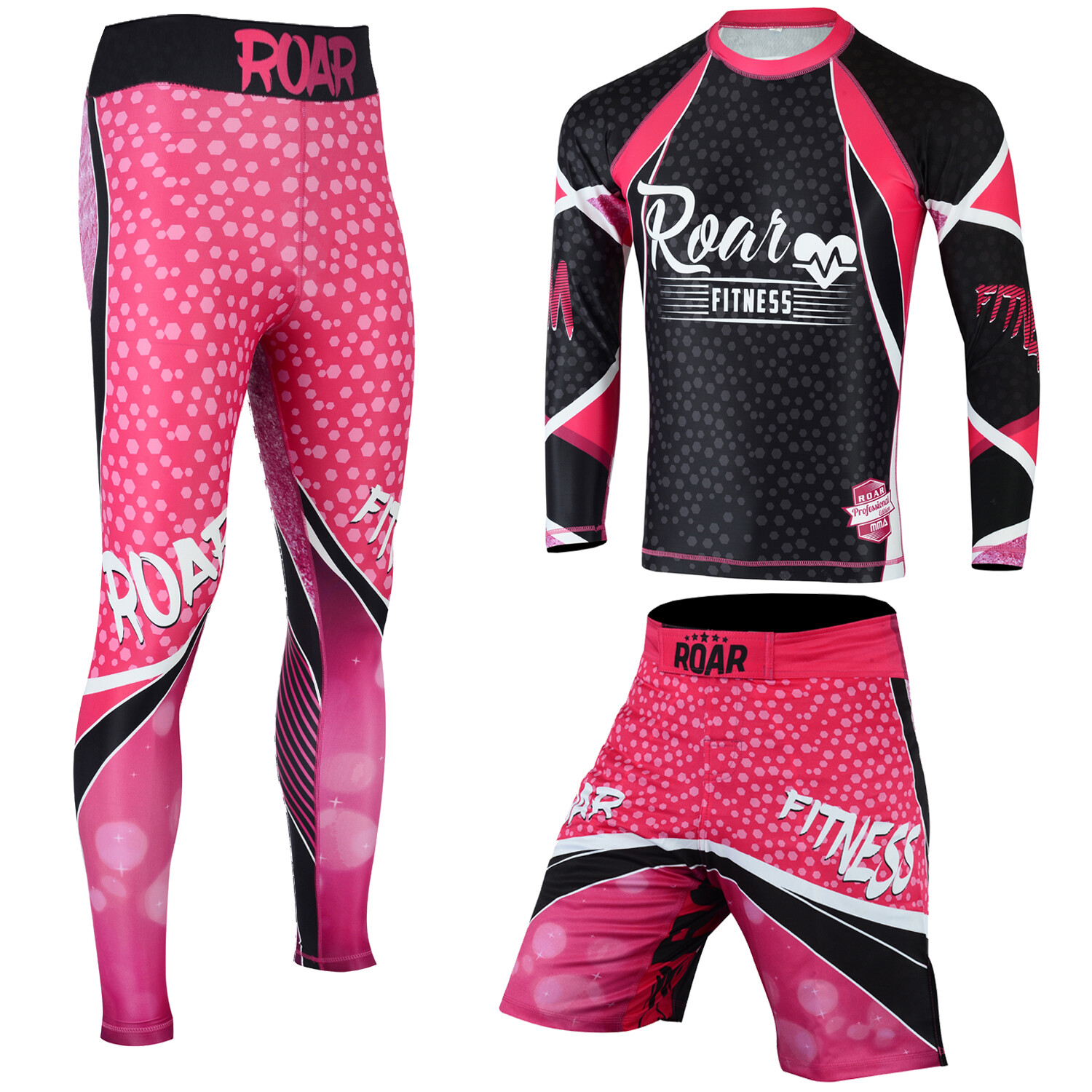 ROAR Women Fight Wear Long Sleeve Rash Guards & MMA Shorts Pink BJJ Leggings