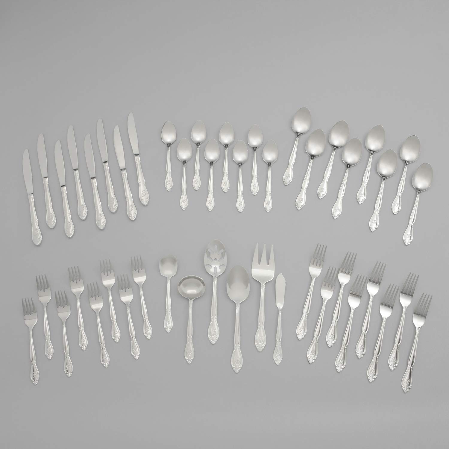 Rose Monogrammed Flatware Set 46 Piece Silverware - J - Utensils Set with Ser...
