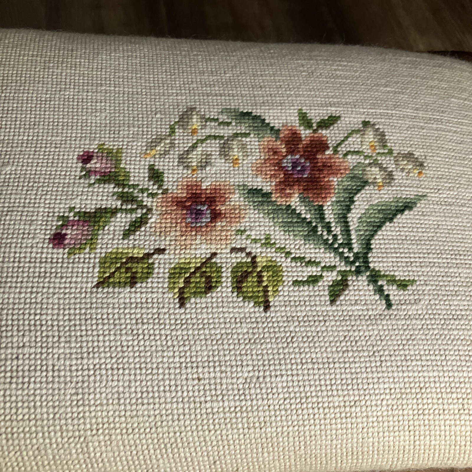 Vtg Needlepoint Stool Rectangular Floral 16.5”x12.5”x9.5”