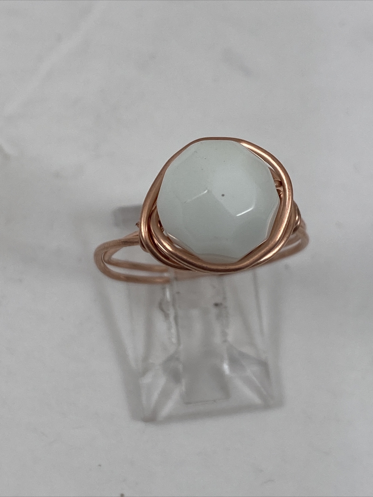 Handmade ~ Copper Wire Wrap ~ White Milk Glass Bead Ring ~ Size 8 #167