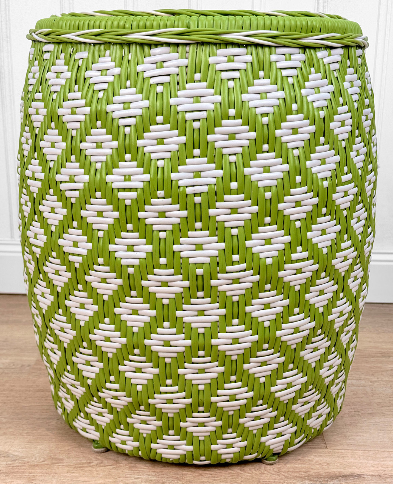 Vintage Boho Avocado Green & White Argyle Faux Wicker Garden Stool