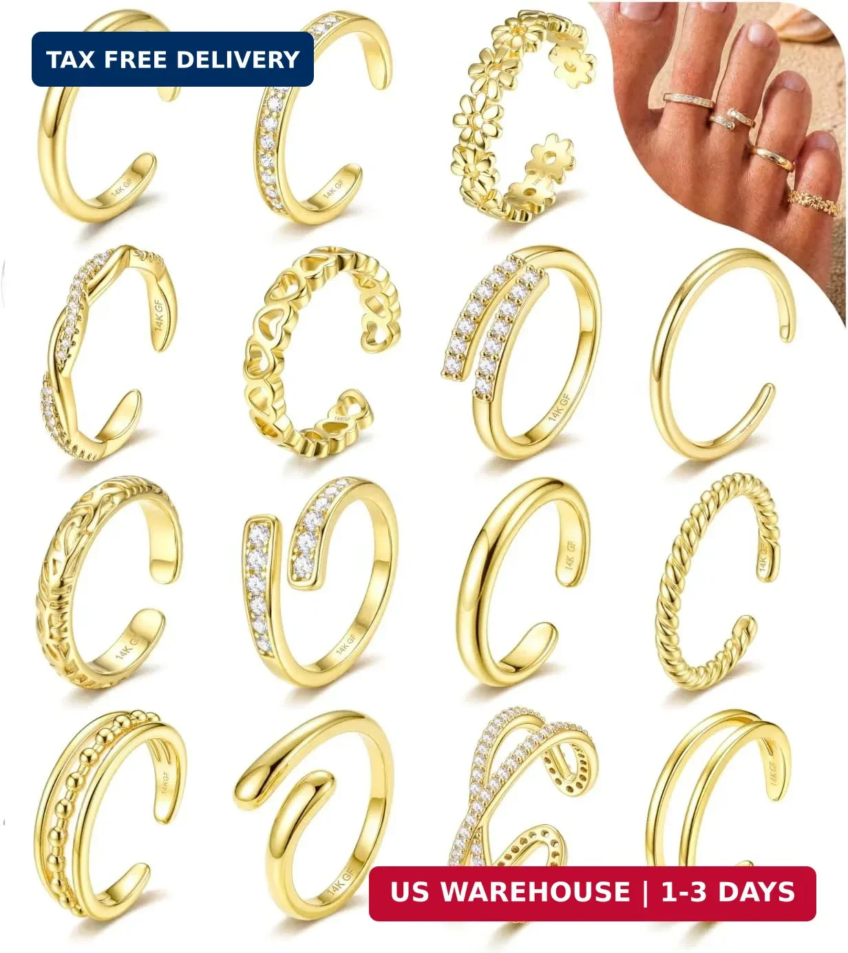 IRONBOX 15PCS Toe Rings for Women - Waterproof 14K Gold Filled Toe Ring Non Tarn