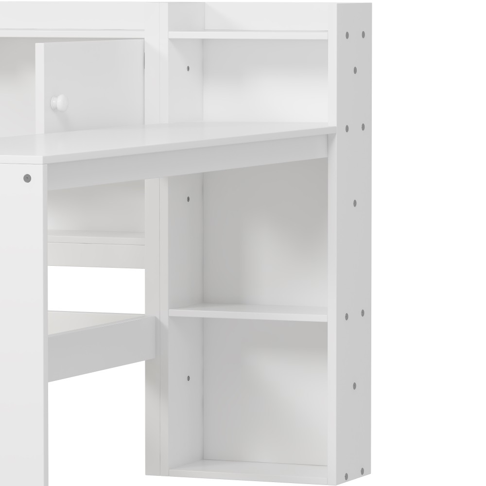 White L-Shape Daybed w/ Storage Cabinets & Desk, Twin Size