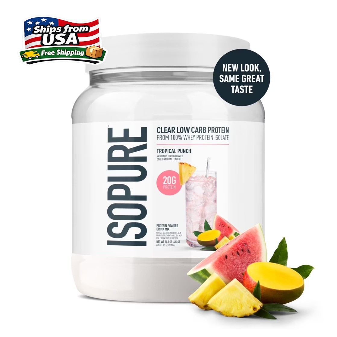 Isopure Clear Low Carb 100% Whey Protein Isolate Powder, Tropical Punch, 20g Pro