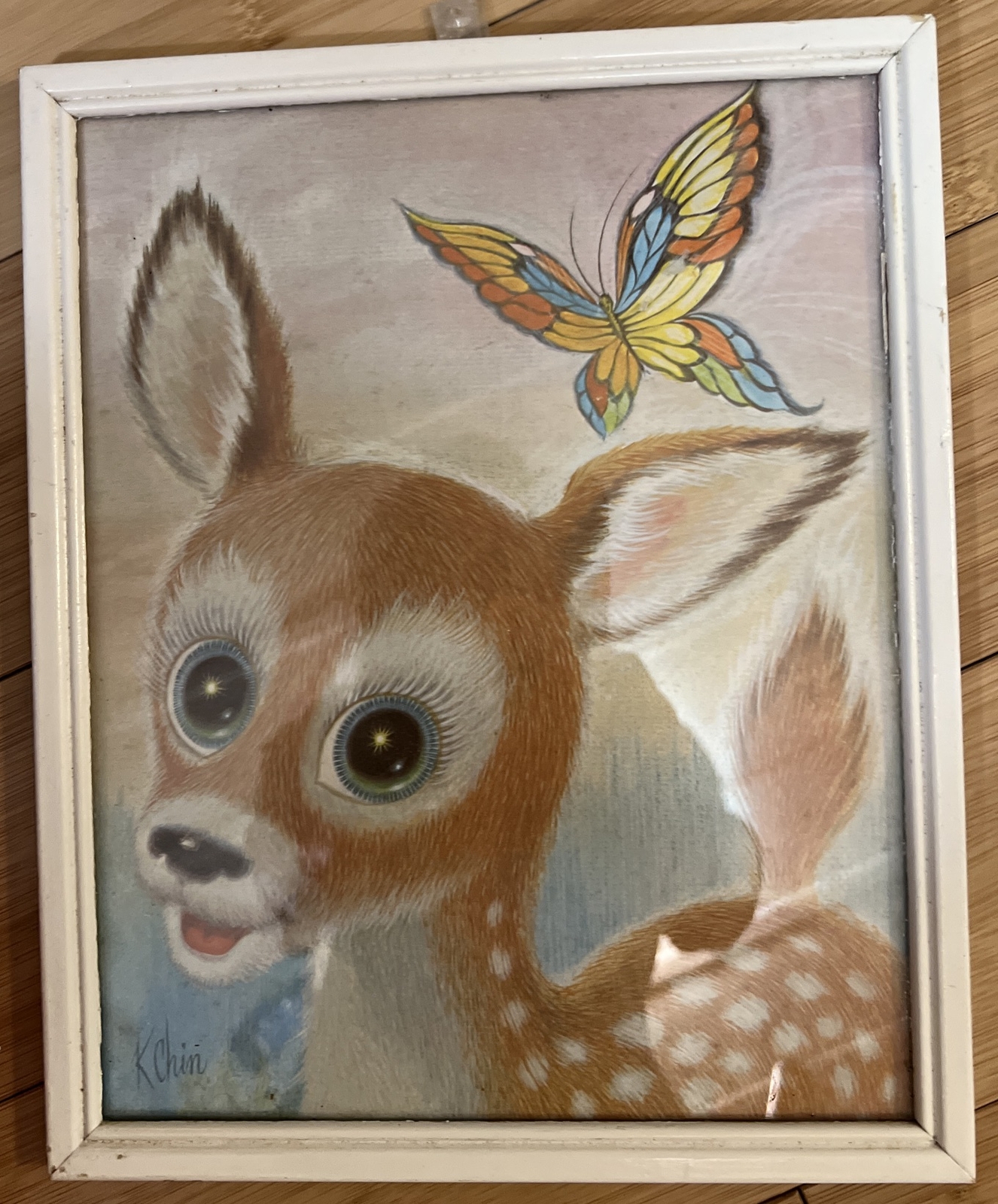 Vintage Picture Big Eyes Animal Print By K Chin (Fawn) Framed