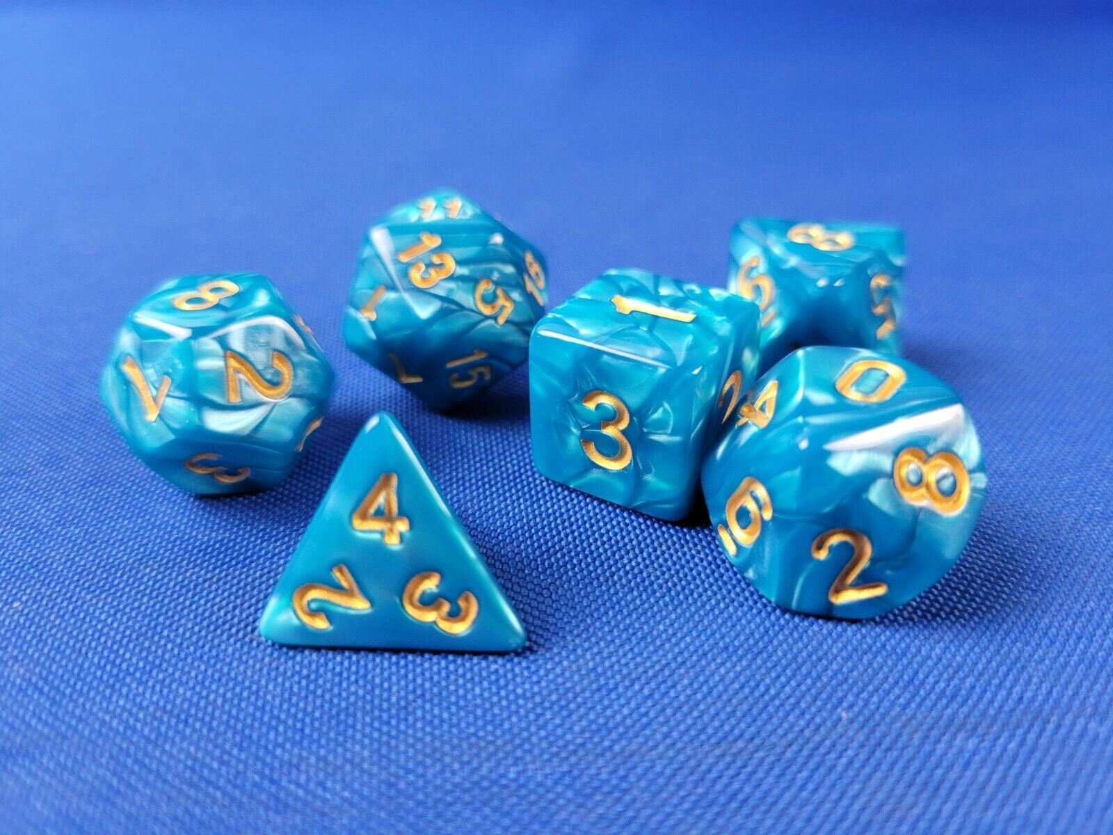 7 Piece Polyhedral Bright Blue Marble Dice Set - Dungeons and Dragons AD&D