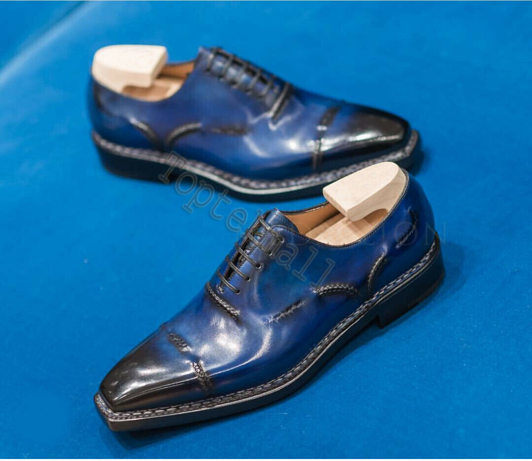 Handmade Men's Leather New Formal Blue Color Lace Up Cap Toe Formal Shoes-478