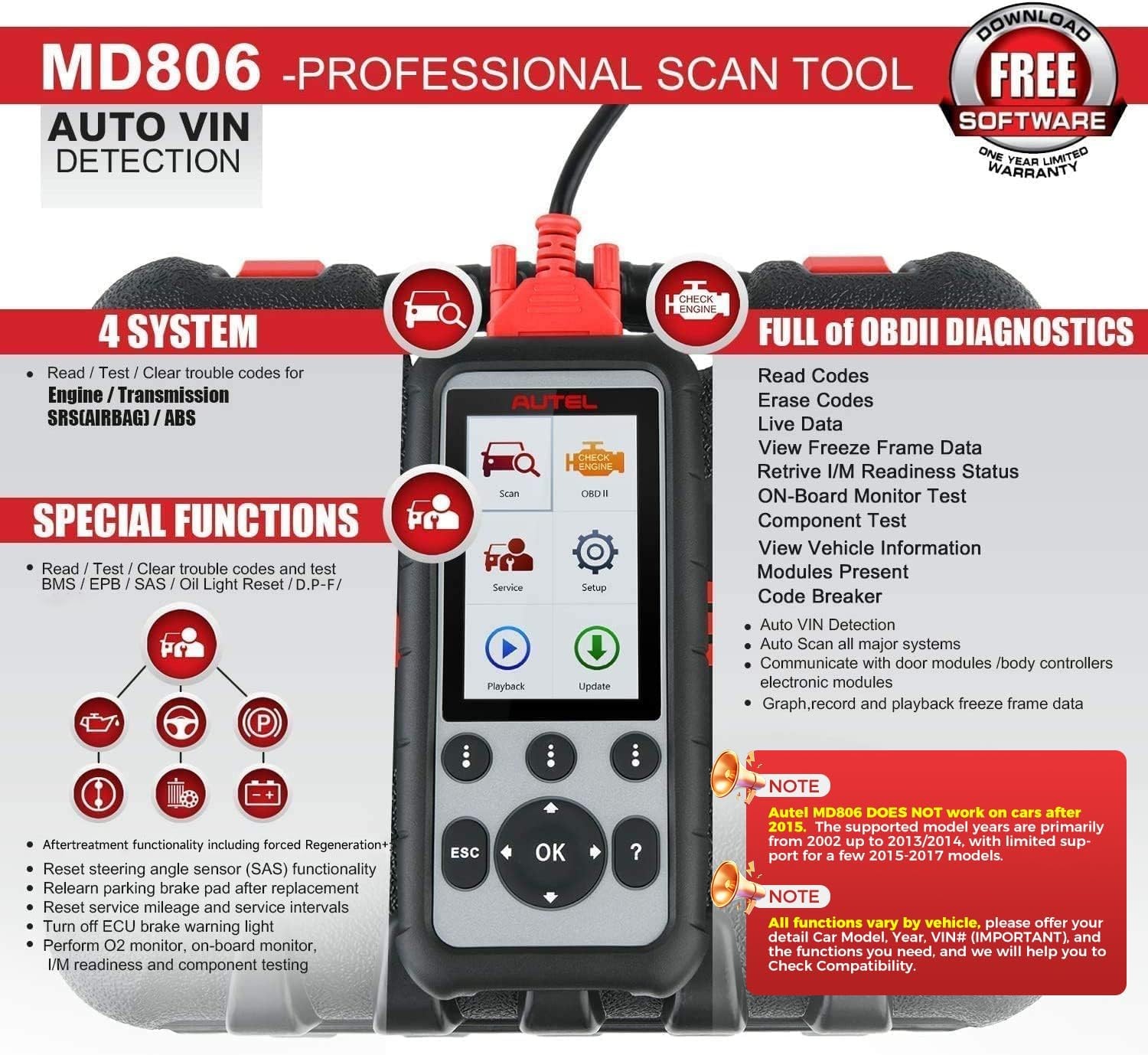 Autel MaxiDiag MD806 OBD2 Scanner ABS SRS Engine Transmission Diagnostic Scanner