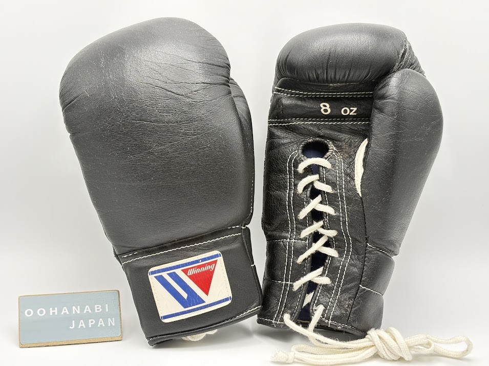 Winning Boxing Gloves 8oz FP-700 Black Lace Up Soft type Used Genuine JAPAN