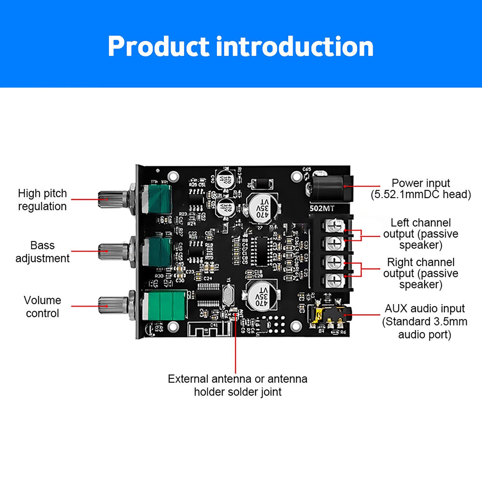 ZK-502MT Bluetooth 5.0 AUX Subwoofer Stereo Amplifier Board Module With Adapter