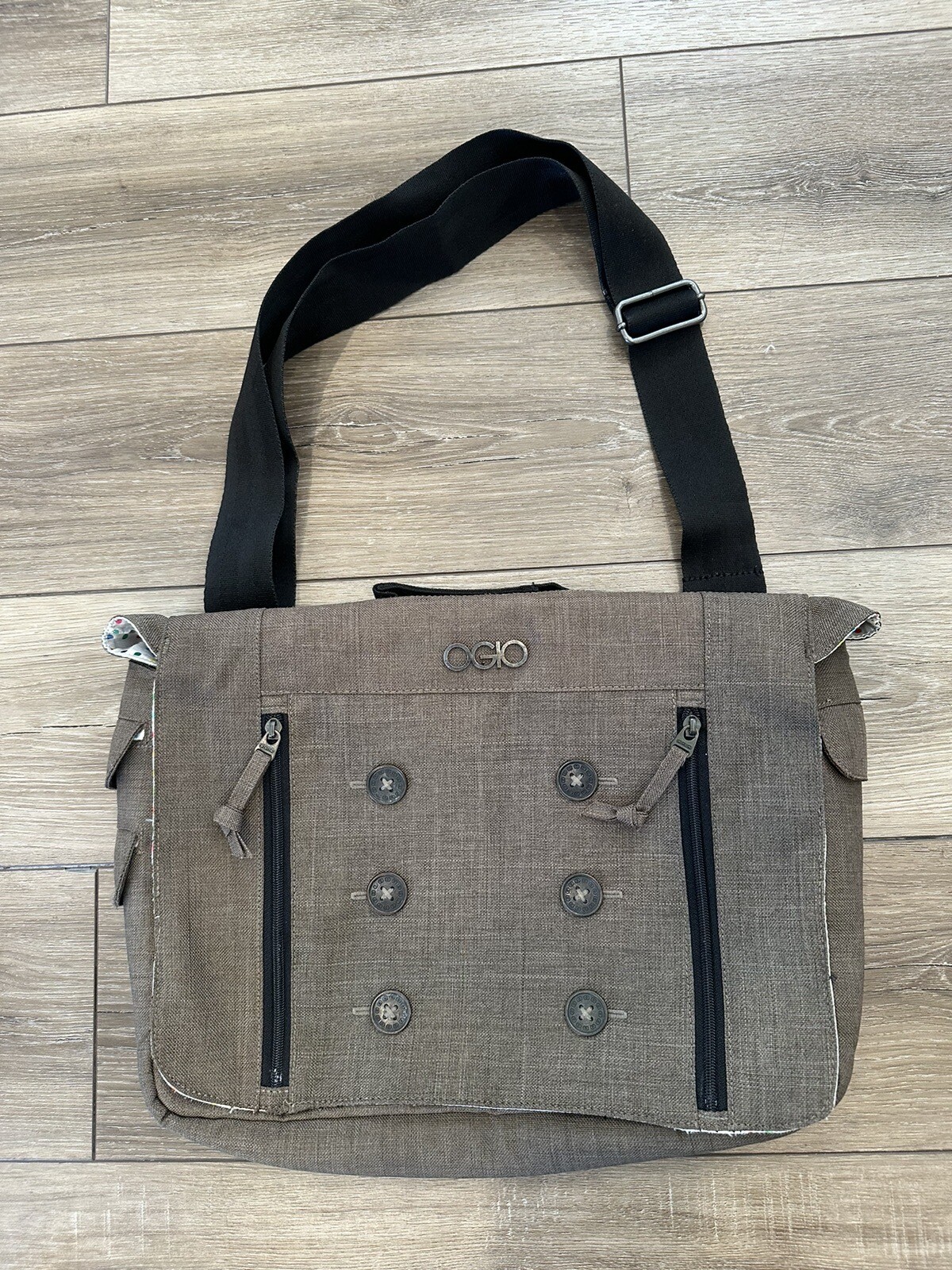 Ogio Crossbody Tablet Laptop Shoulder Bag Tan/Brown Colorful Poke Dot Liner