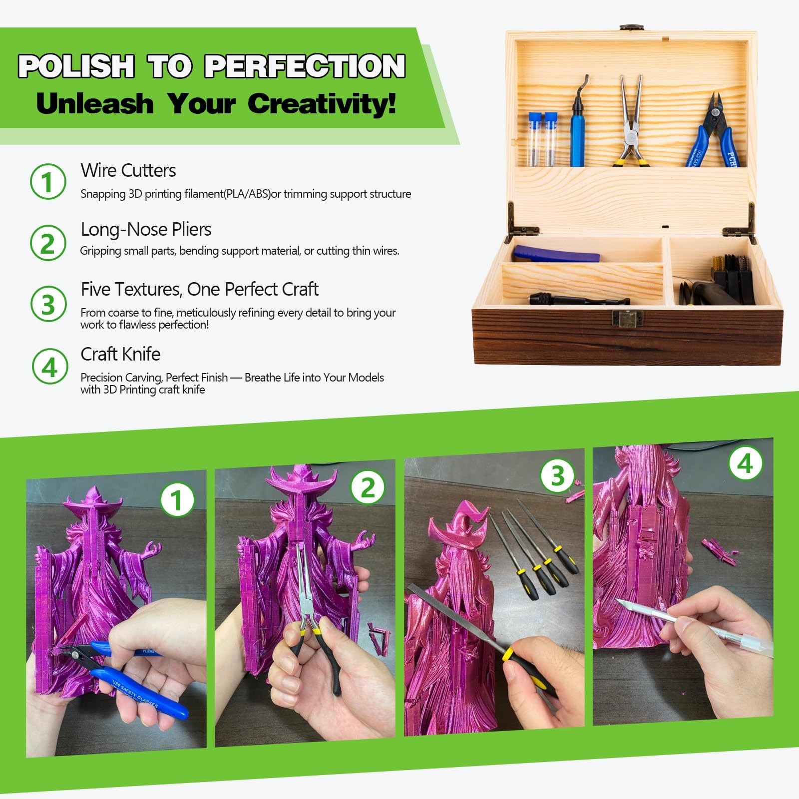 3D Printing Tool Set with Wood Box – 3D Printer Tools Features a deburring