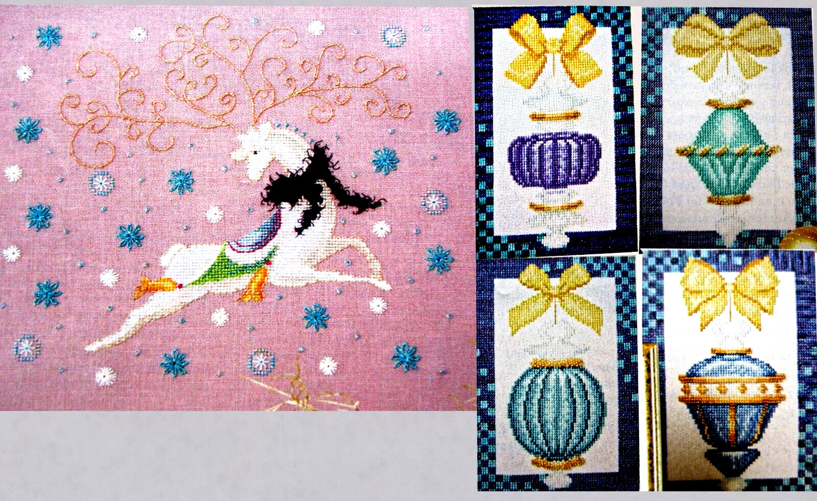 Graceful White Reindeer Sparkle Elegant Ornament Quartet CROSS STITCH PATTERNS