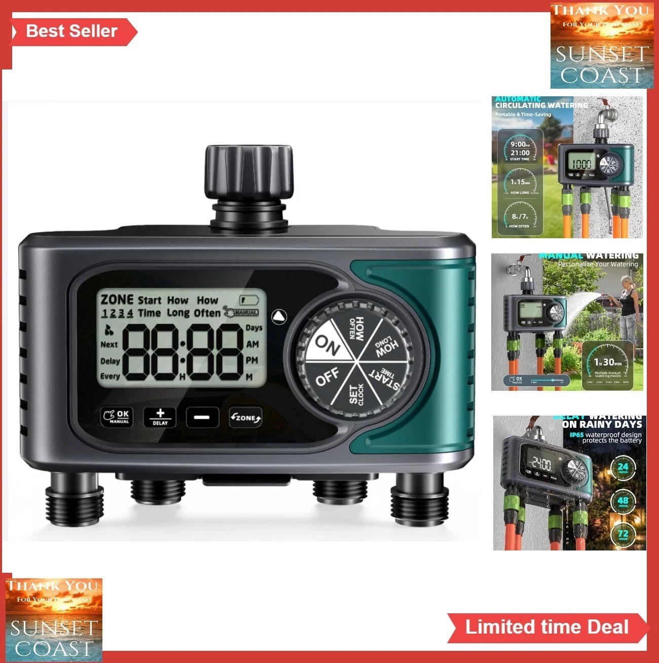 4 Zone Sprinkler Timer Outdoor Hose Faucet Programmable Water Timer Rain Delay