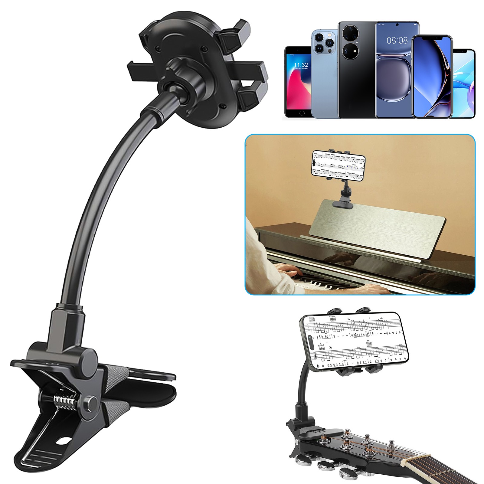 Guitar Bass Phone Holder Clip Stand 360°Rotating Mount for Musicians Live Stream