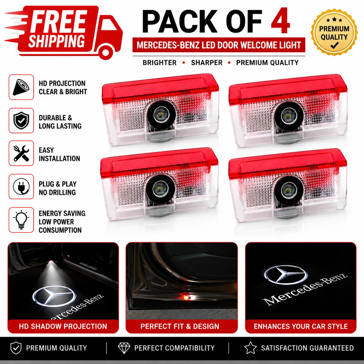 Pack of 4 LED Door Logo Courtesy Lights Ghost Shadow Projector for Mercedes-Benz