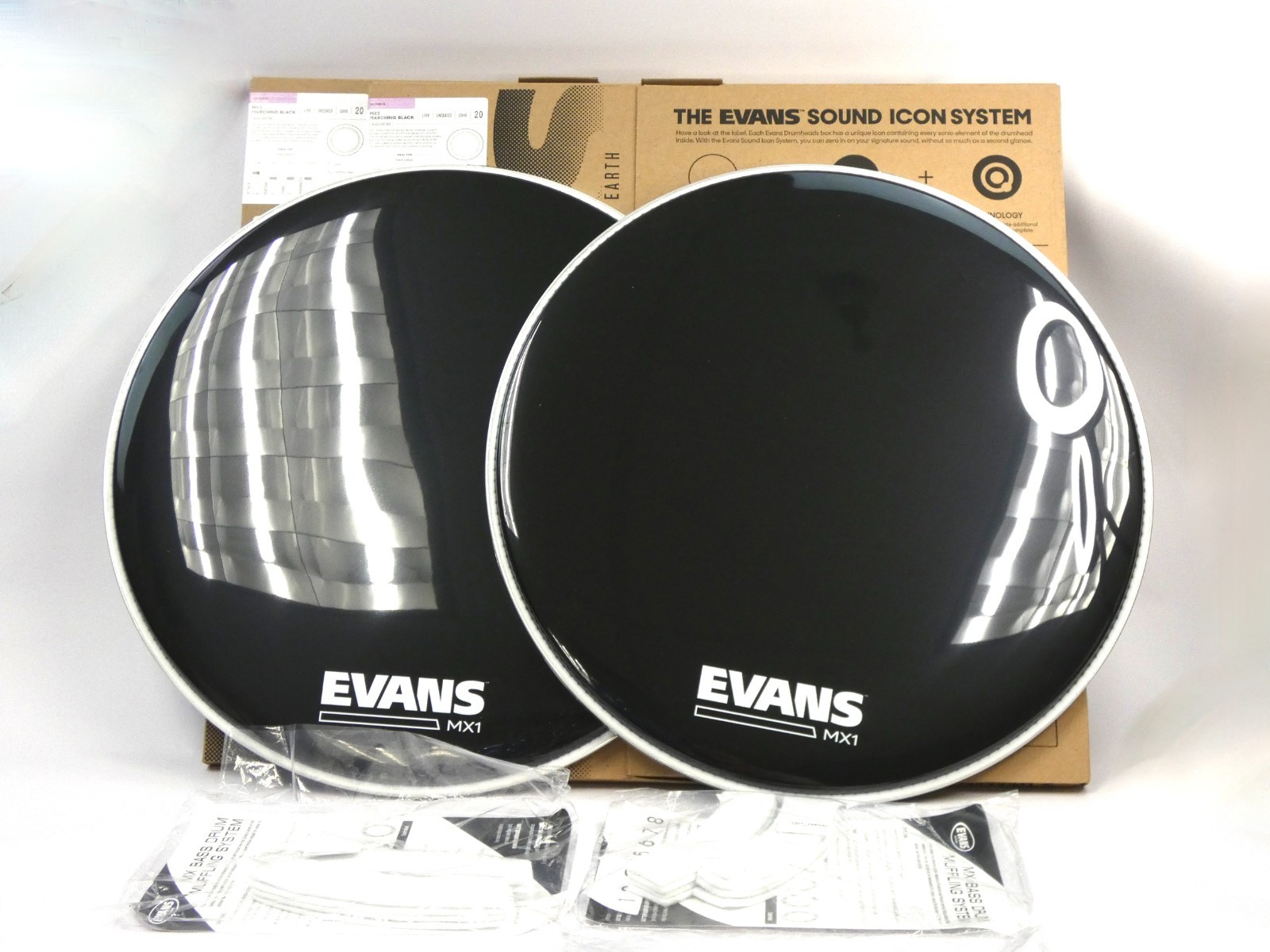 BRAND NEW (Open Box) PAIR Evans BD20MX1B 20" MX1 Black Marching Bass Drum Heads