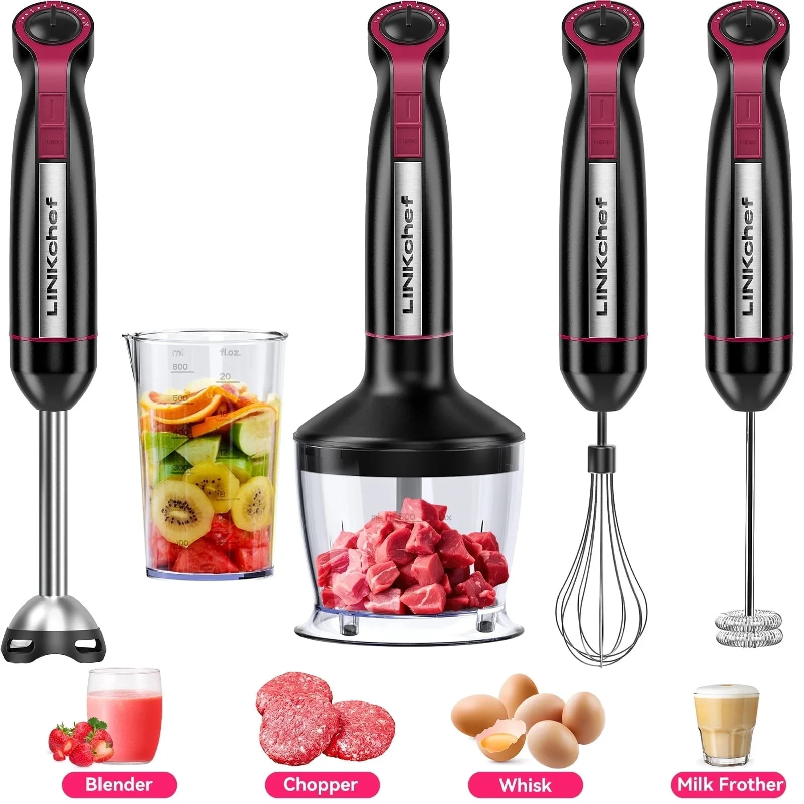 LINKChef Immersion Blender, 1000W 20-Speed 5-in-1 Hand Blender with Turbo Mode