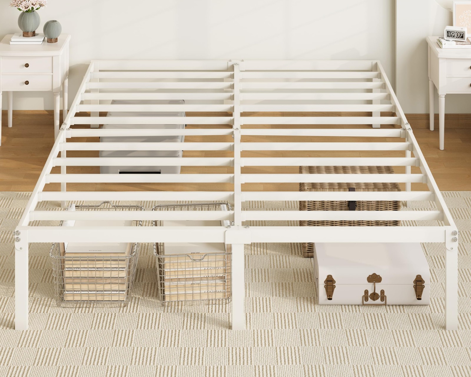 Allewie Full Size 14in Metal Platform Bed Frame with Storage, White