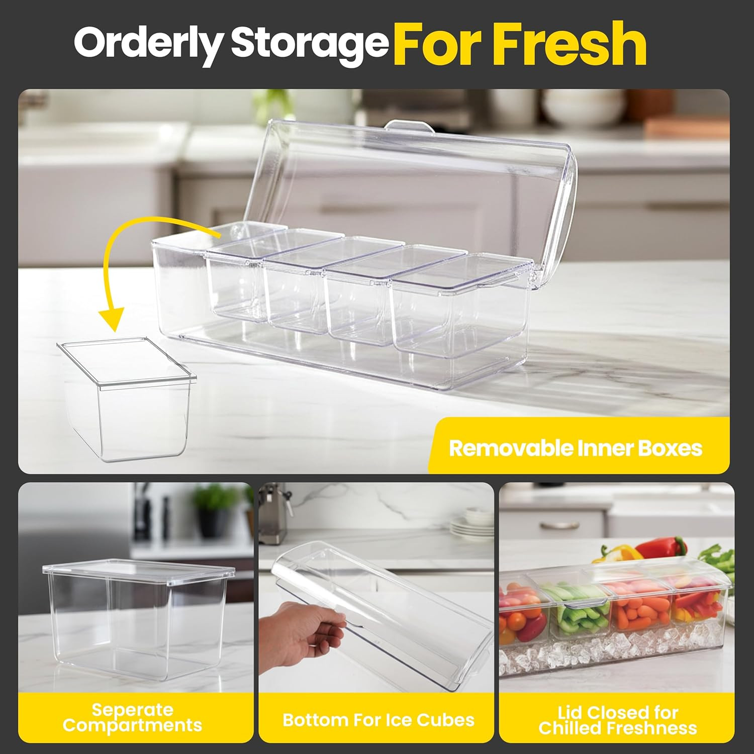 Ice Chilled Condiment Caddy with Lid, 5 Compartments Utensils