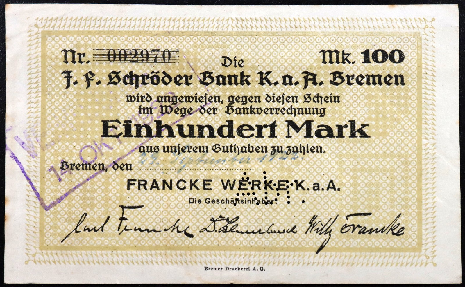 BREMEN 1922 "Francke Werke" 100 Mark Early Inflation Notgeld Germany