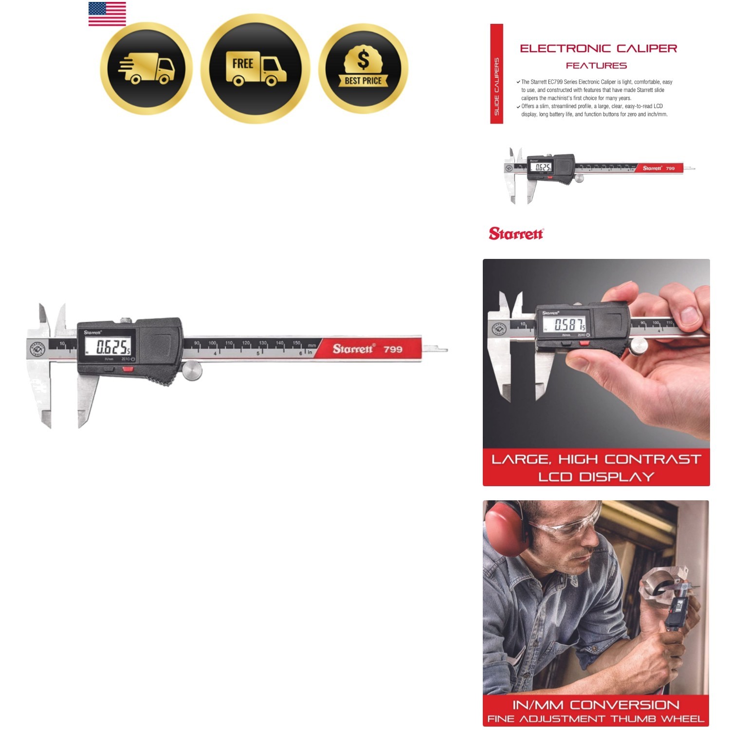 Stainless Steel Electronic Slide Caliper - 0-6" Range, .0005" Resolution, LCD...