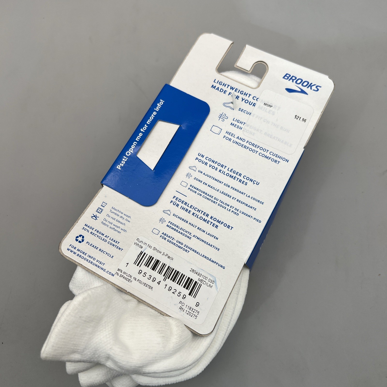 Brooks Run-In No Show 3 Pairs Unisex Running Socks White Size M New