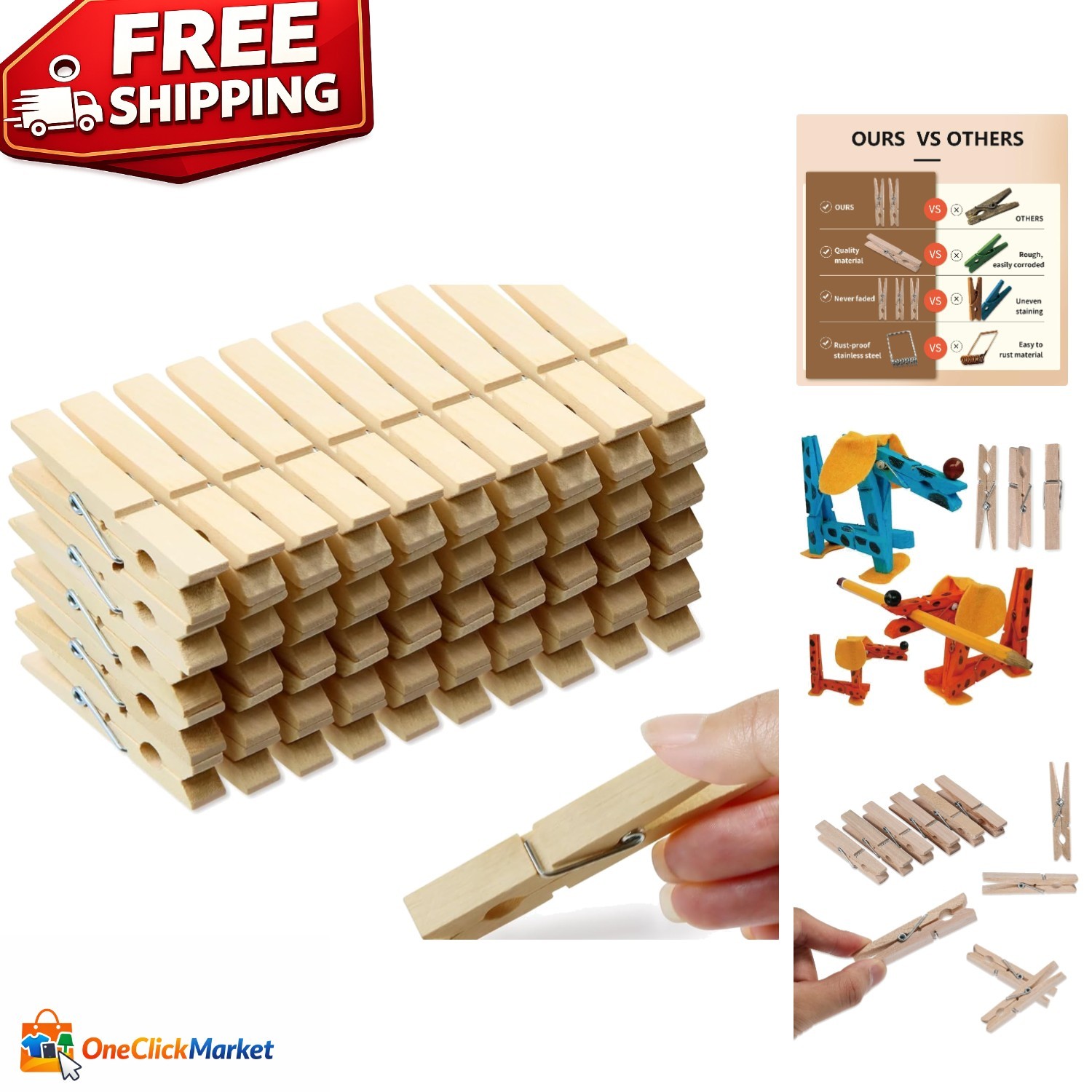 Versatile Pack of 50 Wooden Clothespins - Perfect for Crafting & Organization