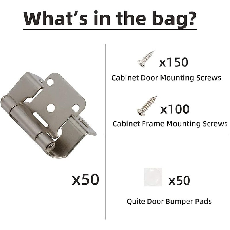 50 Pack Self Closing Brushed Nickel Cabinet Hinges W/ Screws & Bumpers New
