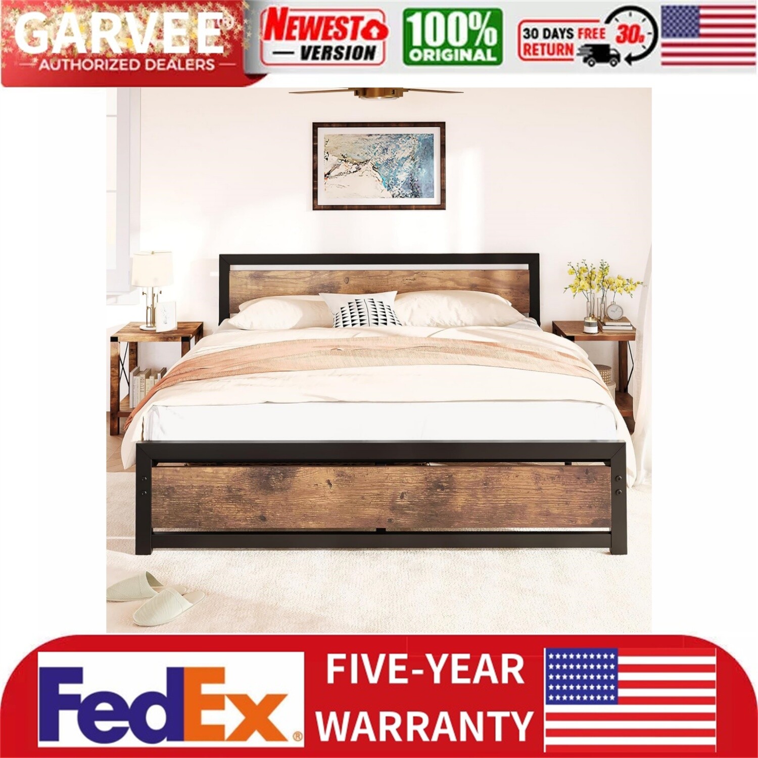 King Size Bed Frame with Wooden Headboard Industrial Metal King Bed Platform