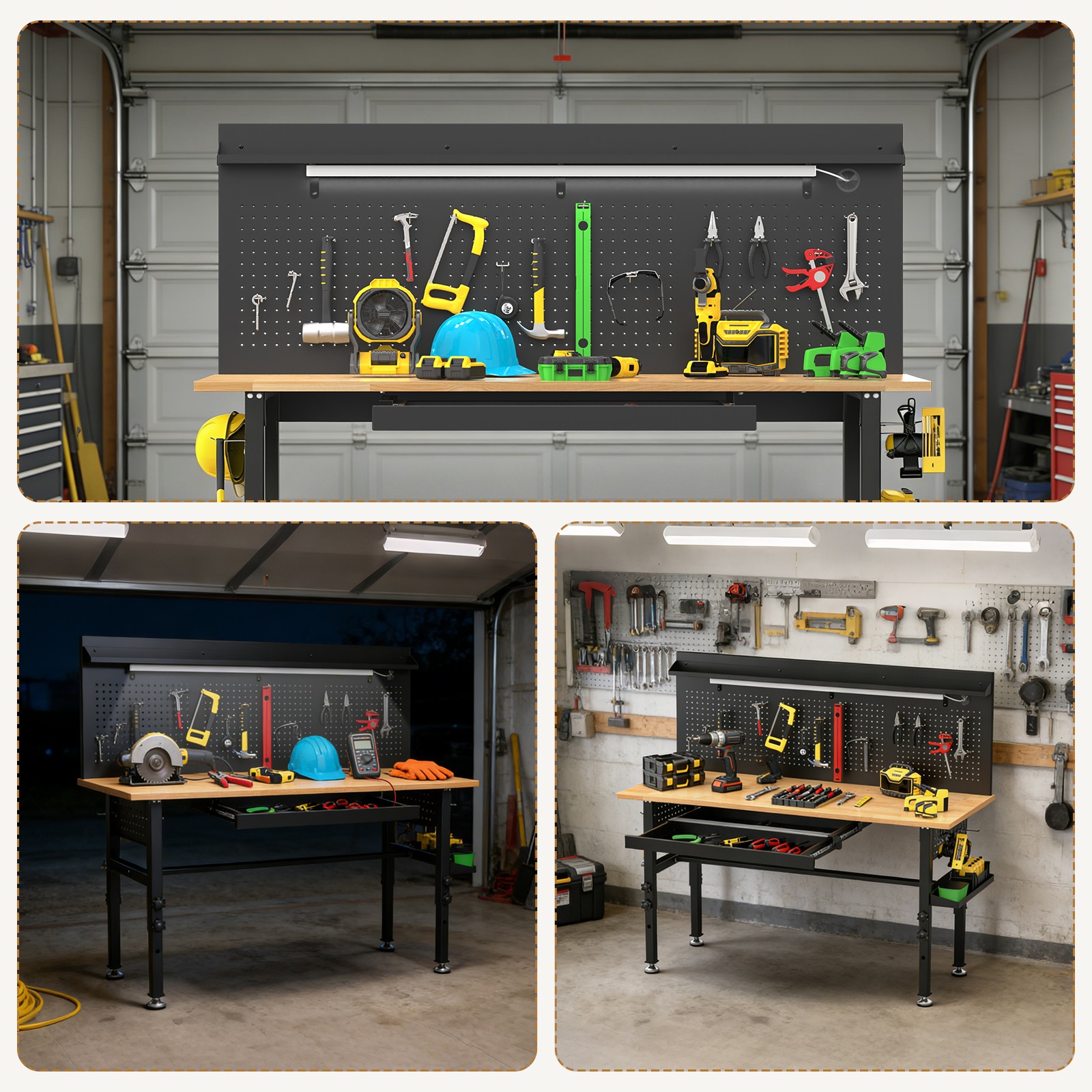 Garage Adjustable Height Workbench with Pegboard Storage and Power Outlet