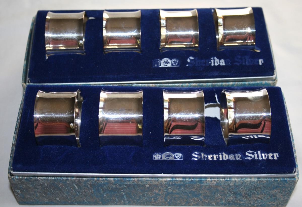 8 Sheridan Silver Tauton Vtg Silverplate Napkin Rings in Original Boxes #2987