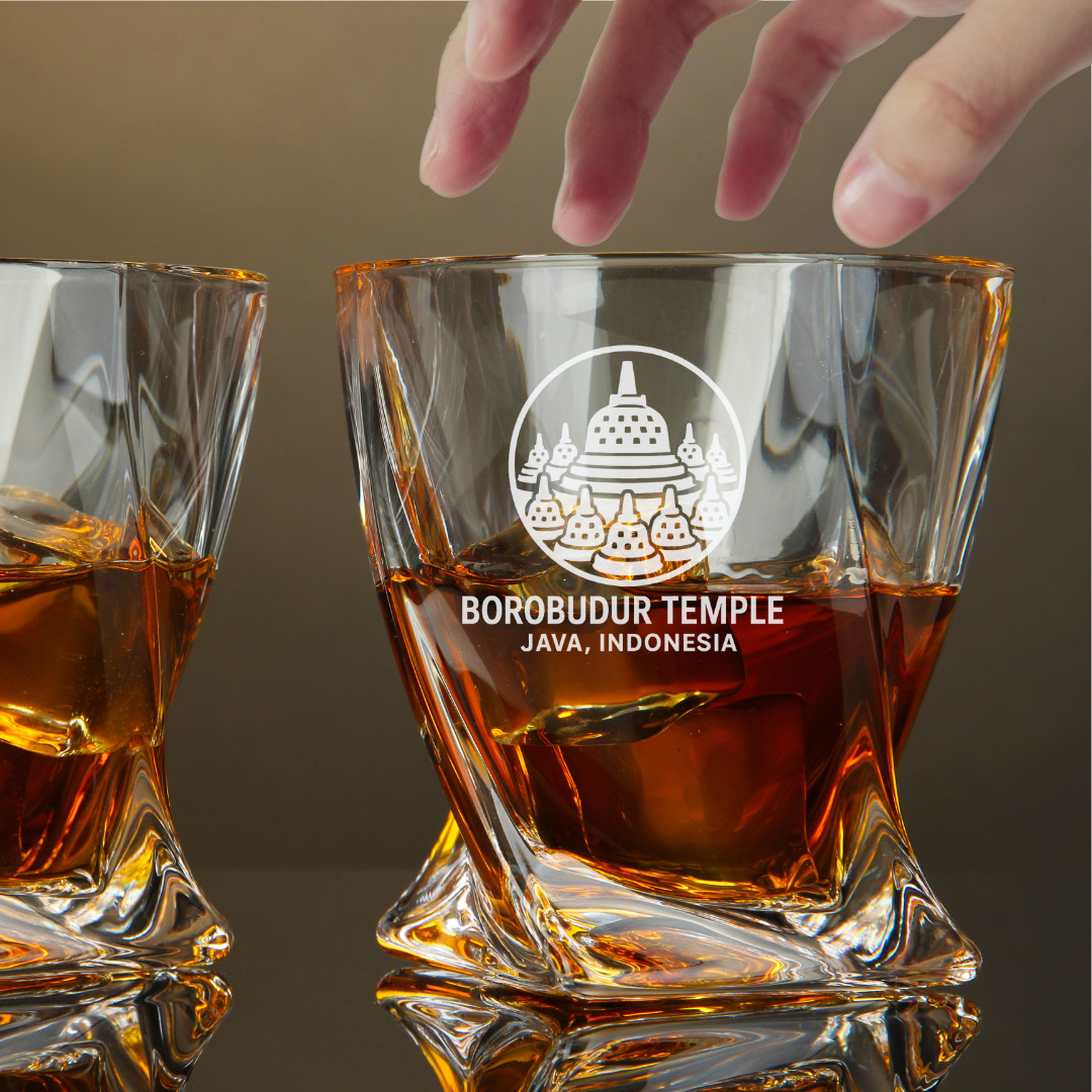 Custom Engraved Borobudur Temple Java Indonesia Whiskey Glass – 10 oz Twisted