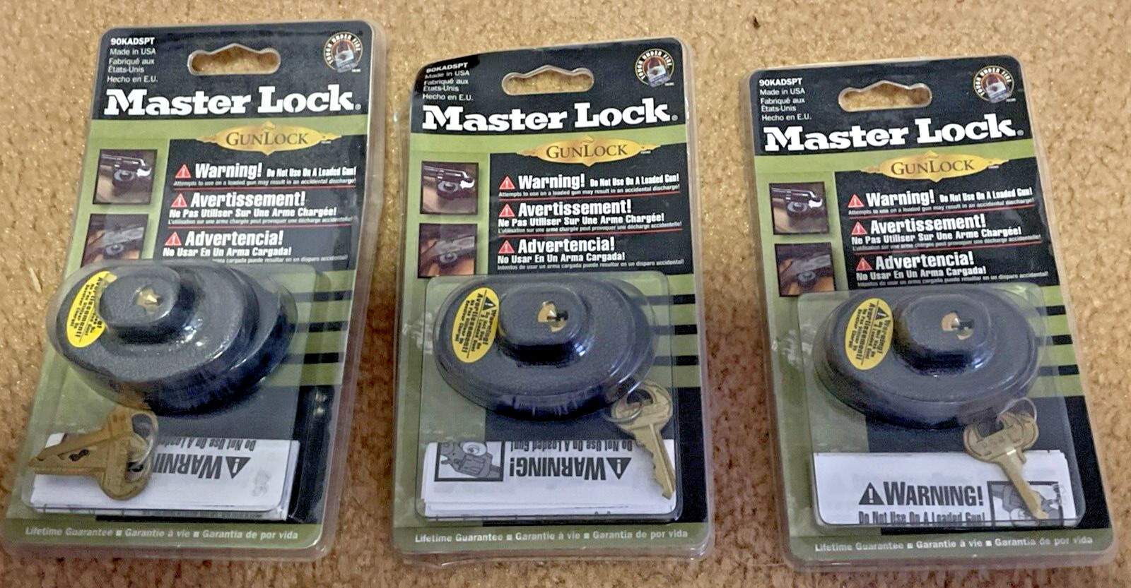 Lot of THREE (3) Master Lock 90KADSPT Keyed Trigger Gun Locks
