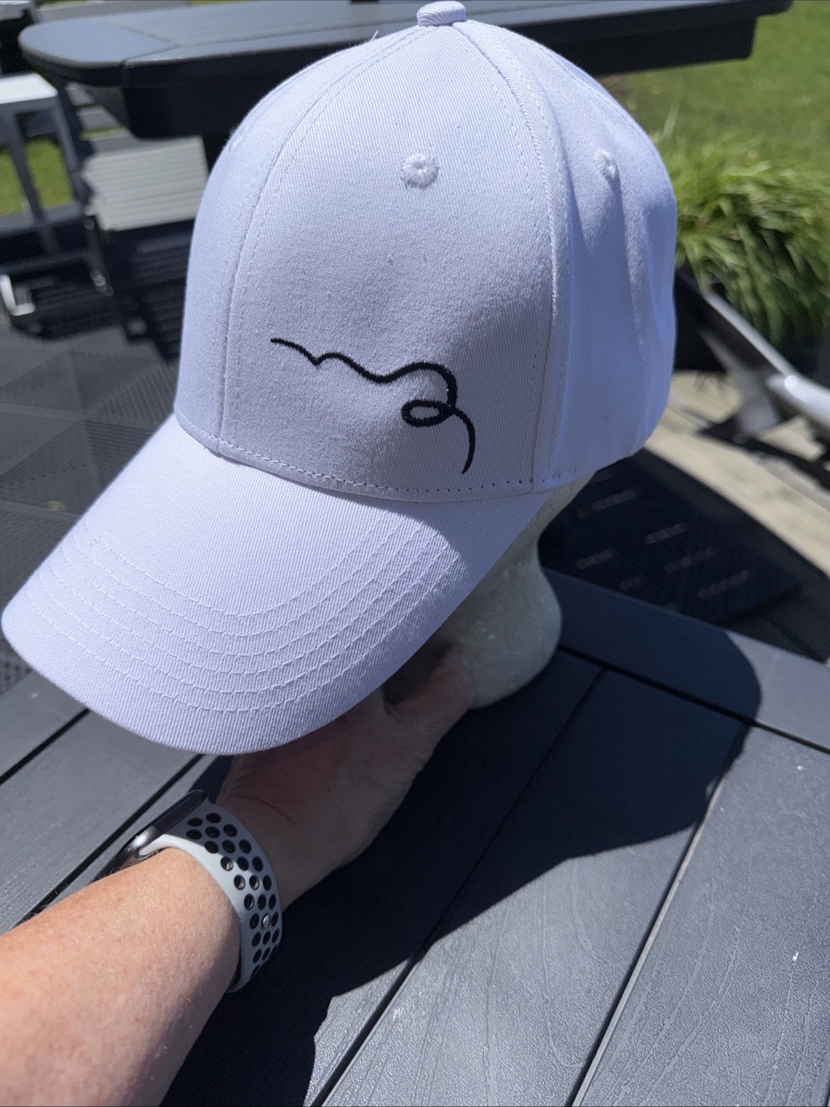 Swurly Co Black Logo on Silk Lined Baseball Hat Cap White Pony Tail Opening EUC
