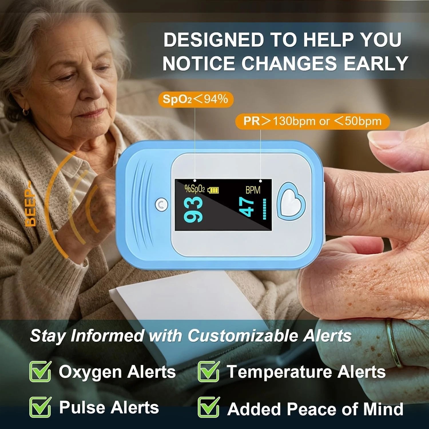 5-in-1 Pulse Oximeter with Alarm, SpO2, Temperature