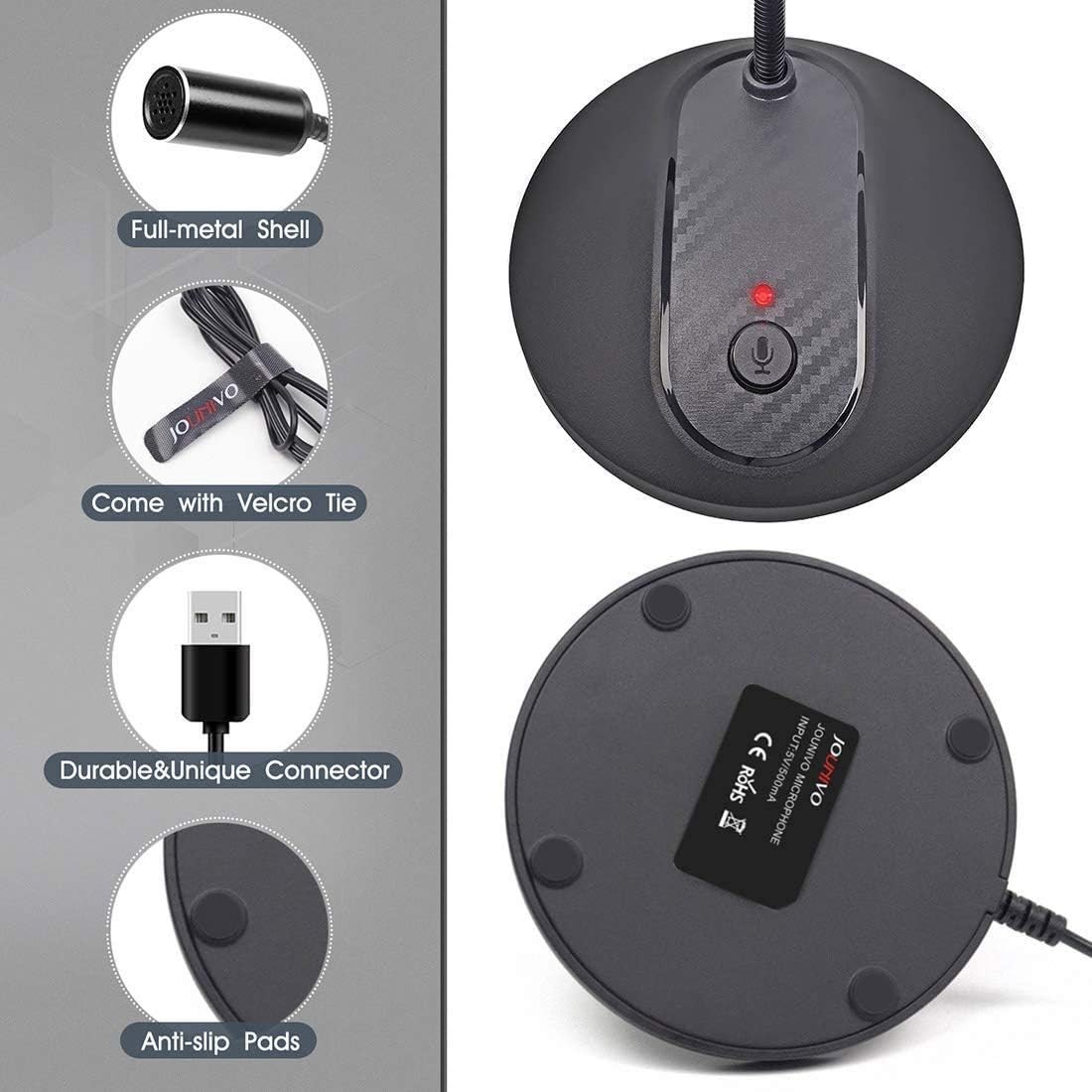 JOUNIVO USB Microphone, 360 Degree Adjustable Gooseneck Design, Mute Button & LE
