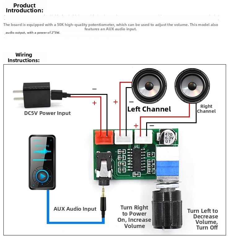 PAM8403 3W x2 Class D Audio Board with Built in Volume Control and AUX Input