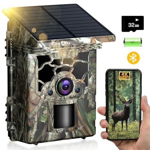 Trail Camera Solar Powered 4K 46MP, WiFi Bluetooth Game Camera with 32GB