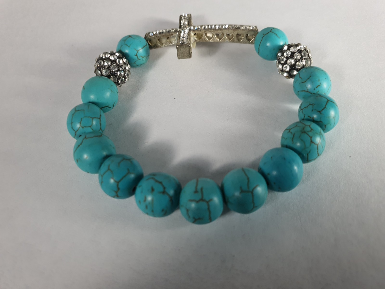 Jewelry Blue Beaded with a Rhinestone Cross Bracelet