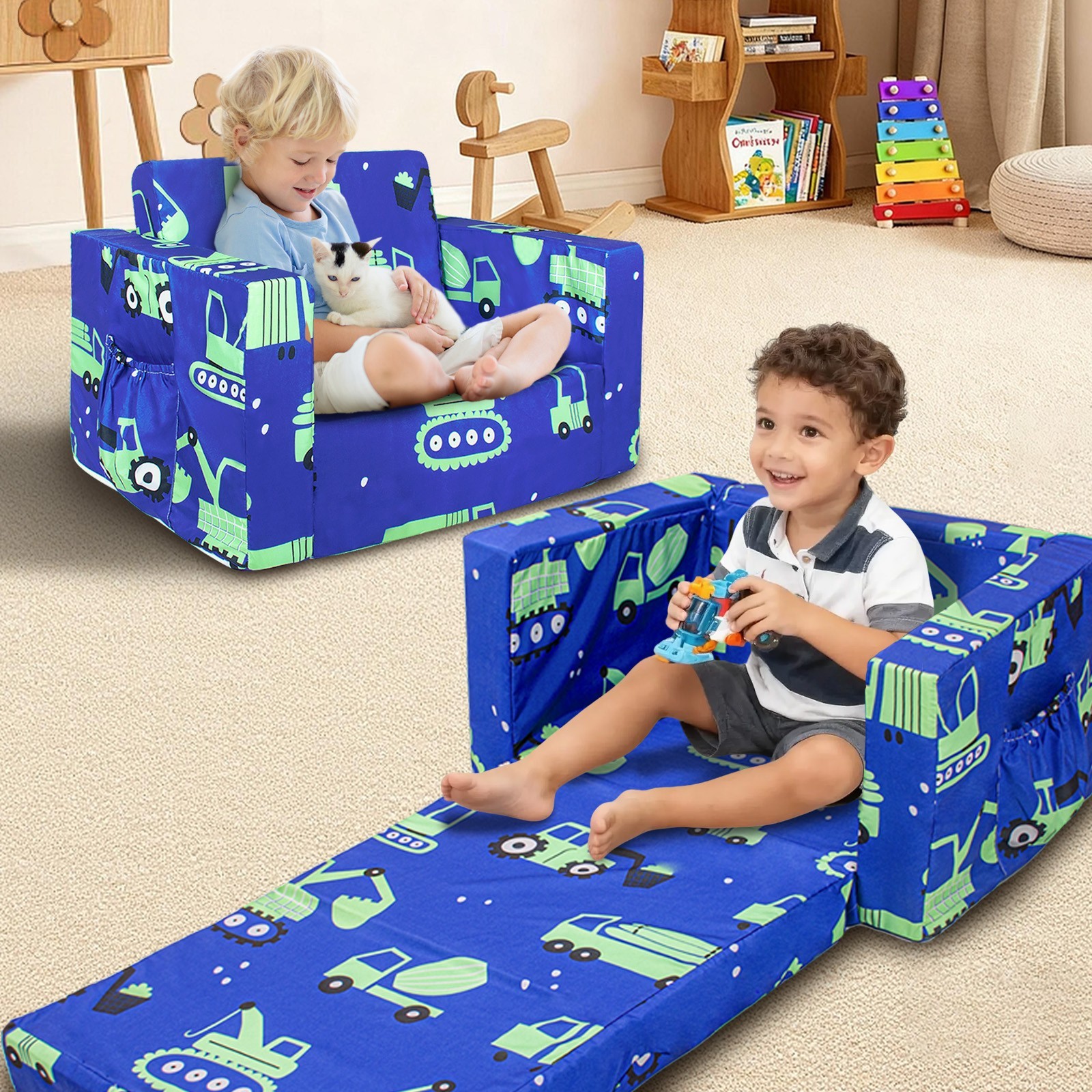 Zenkitch Toddler Sofa, 2-in-1 Cars Flip Open Toddler Couch, with Side Pocket