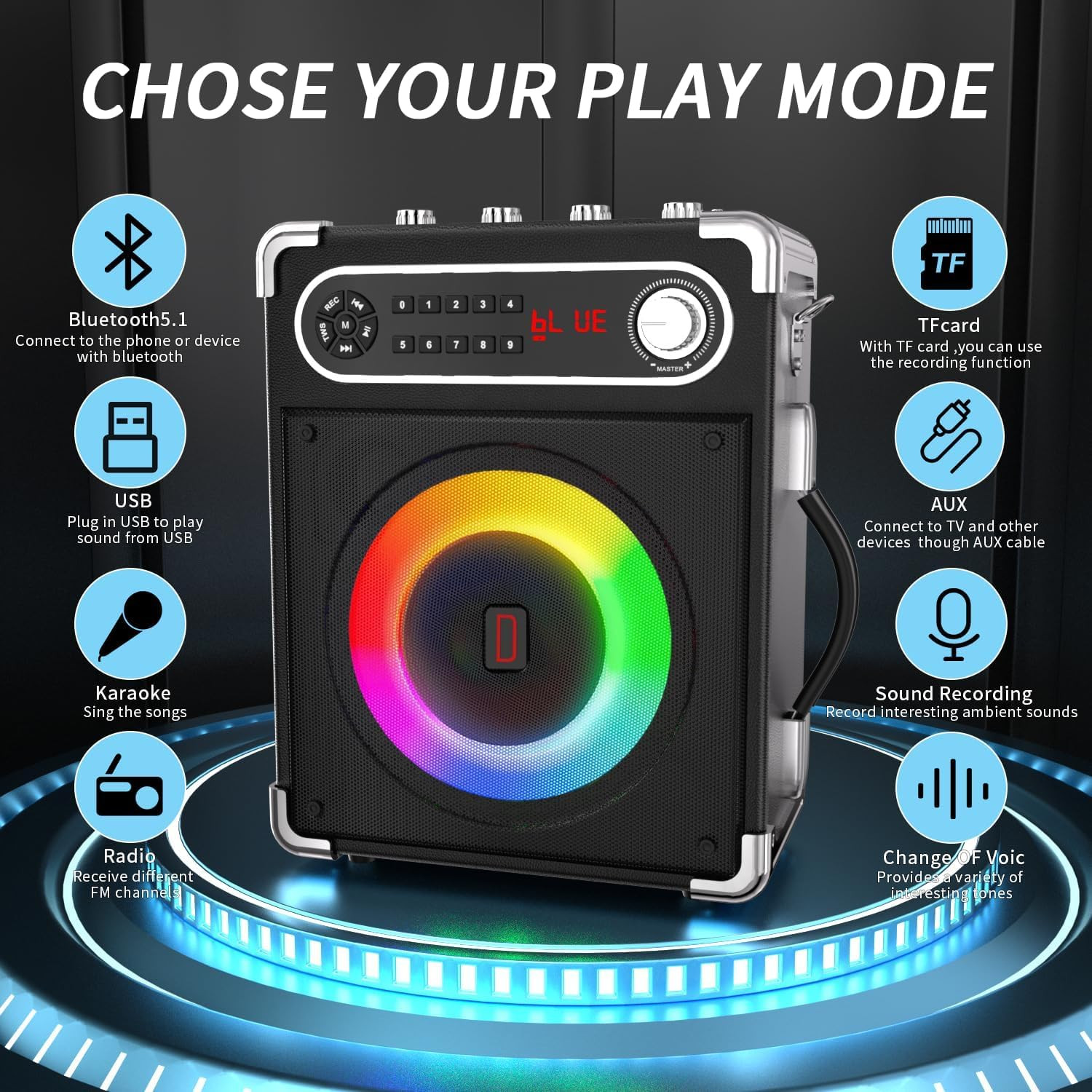 Portable Karaoke Machine with 4 Wireless Mics, Bluetooth Speaker & LED Lights
