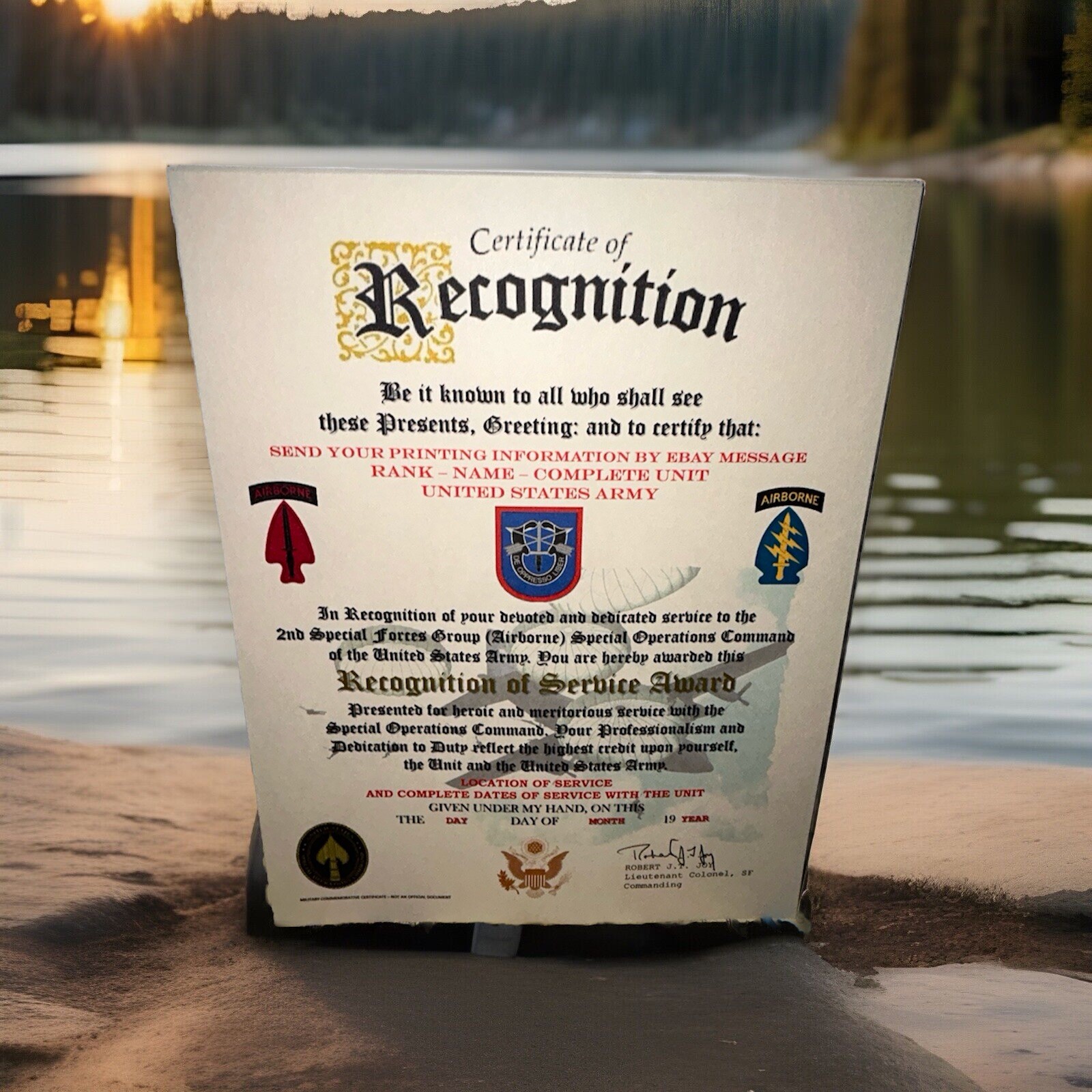 U.S. ARMY - 2ND SPECIAL FORCES GROUP (ABN) RECOGNITION OF SERVICE AWARD