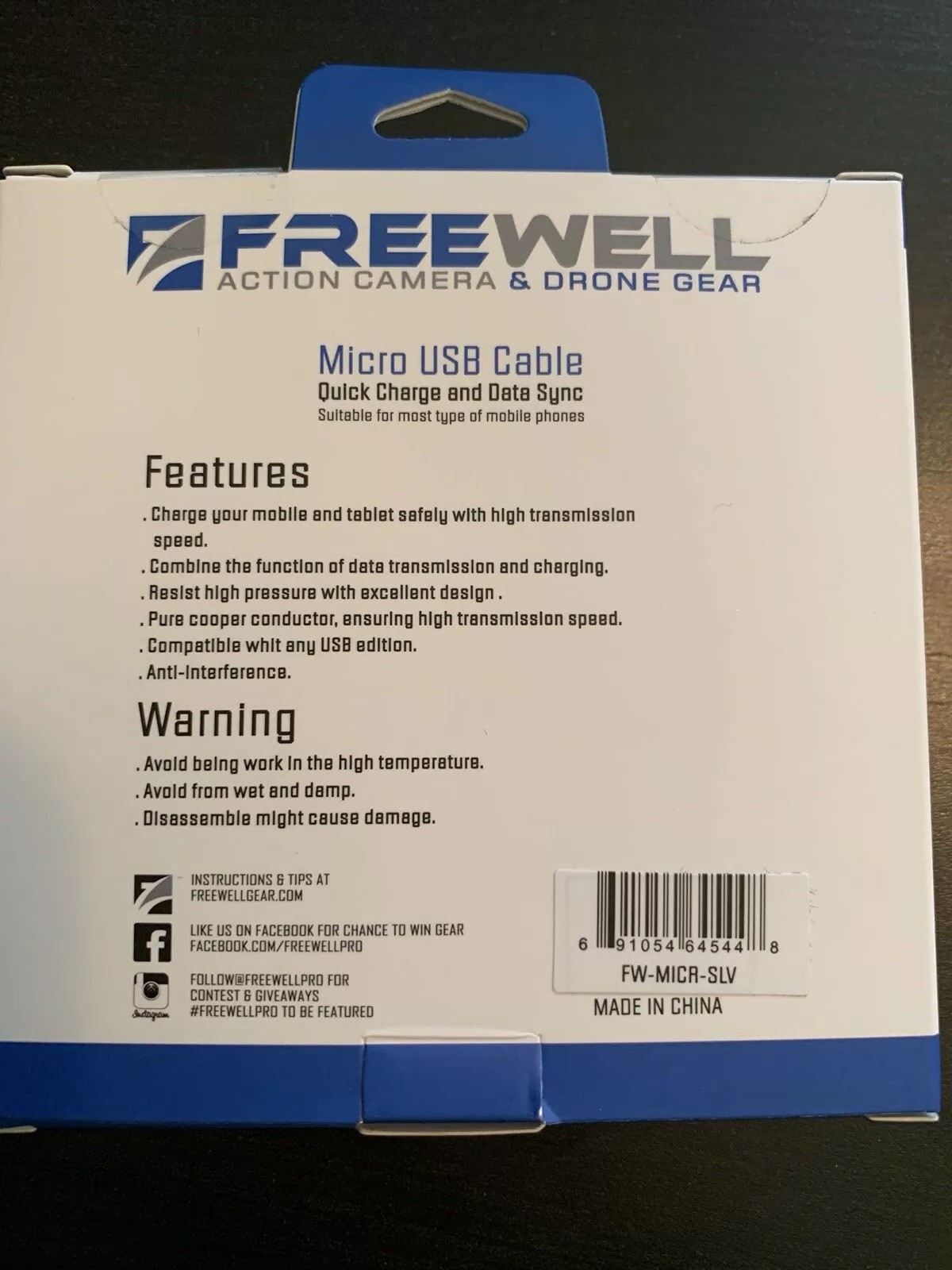 Freewell Micro USB Cable Drone Camera Equipment 1.5' Gold NWT