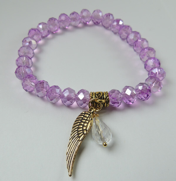 Handcrafted Purple Crystal Stretch Bracelet with Teardrop & Wing