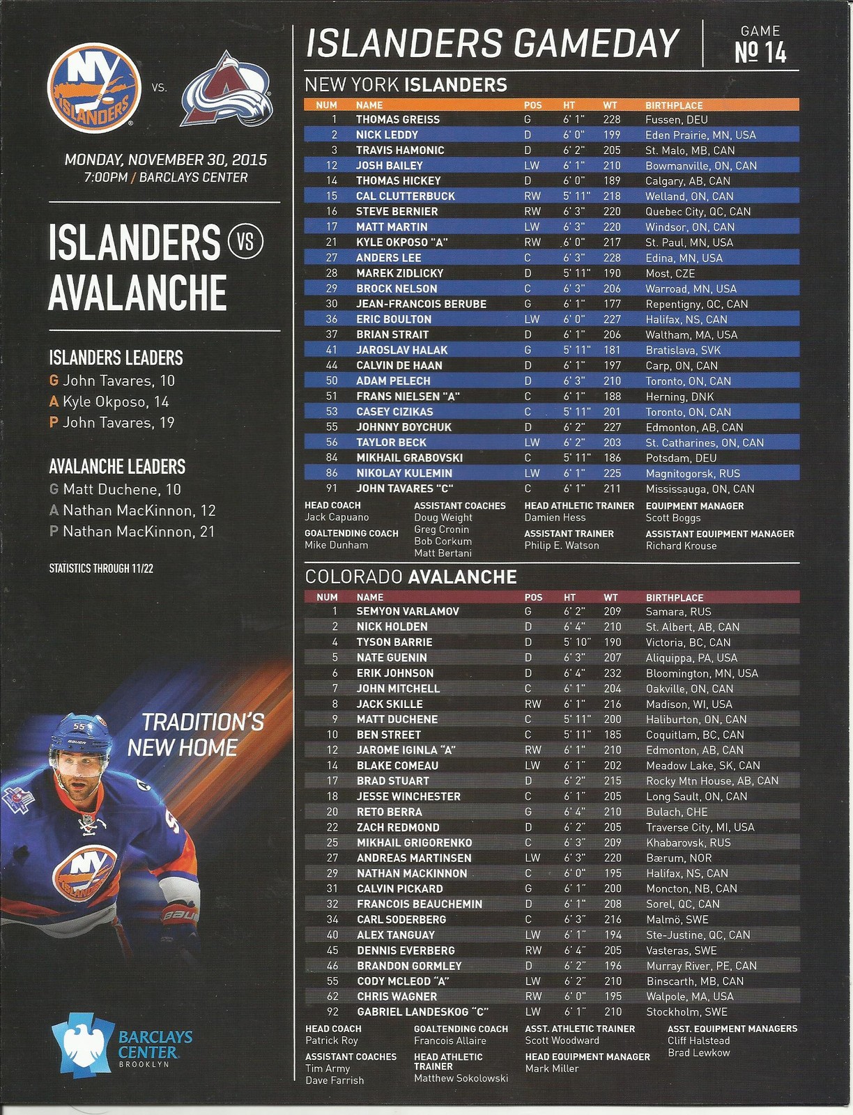 NEW YORK ISLANDERS COLORADO AVALANCHE GAMEDAY # 14 NOVEMBER 30,2015 PROGRAM