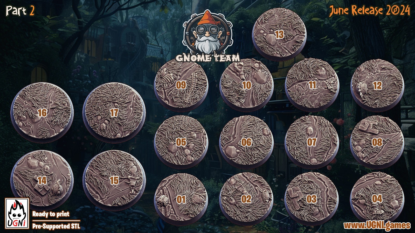 Gnome forest floor Bases 13x 32mm 4x 40mm - UGNI Fantasy Football