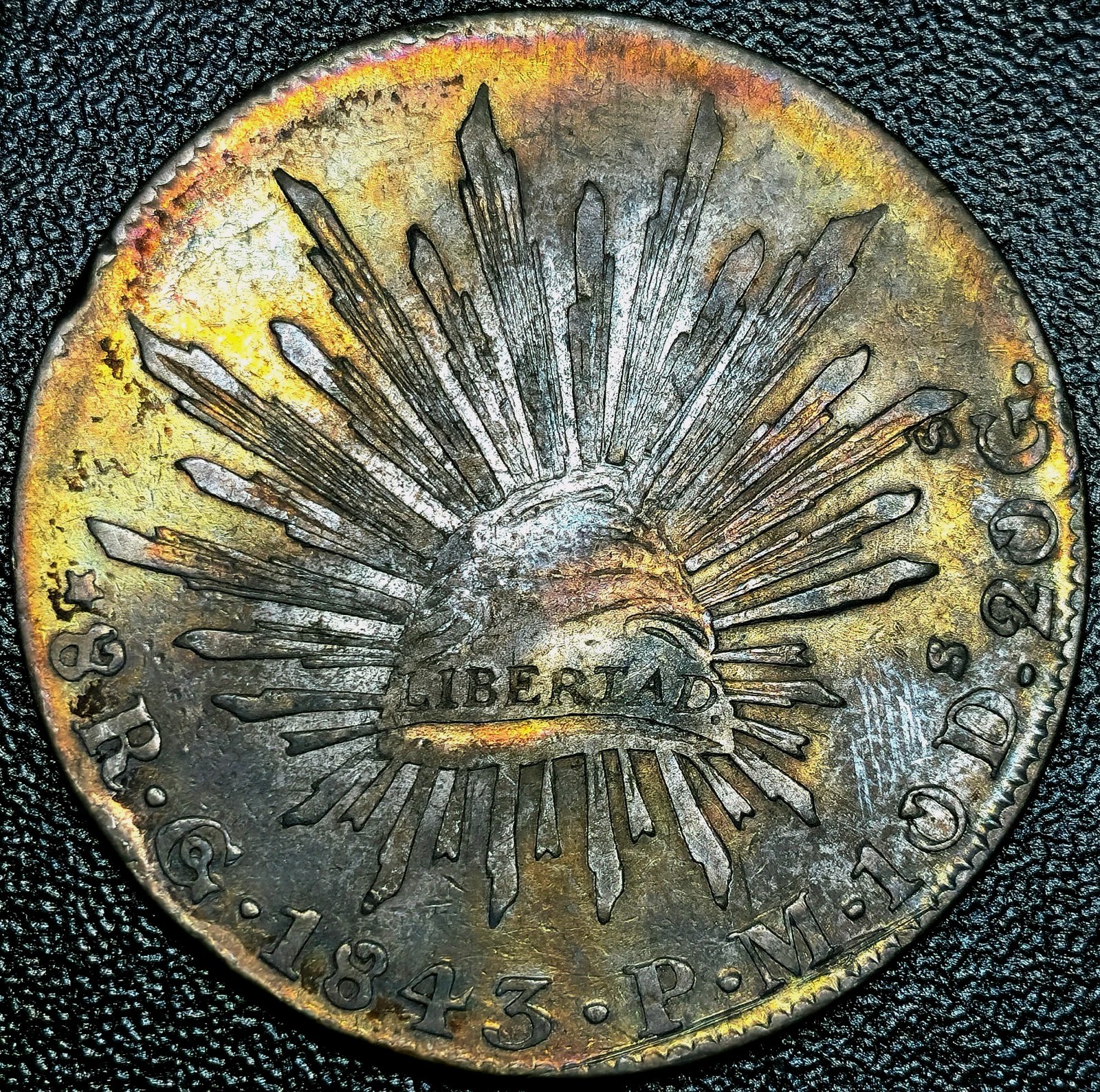 8 Reales 1843 Go PJ Guanajuato Eagle With Snake On Cactus Mexico UNC Toning !!!