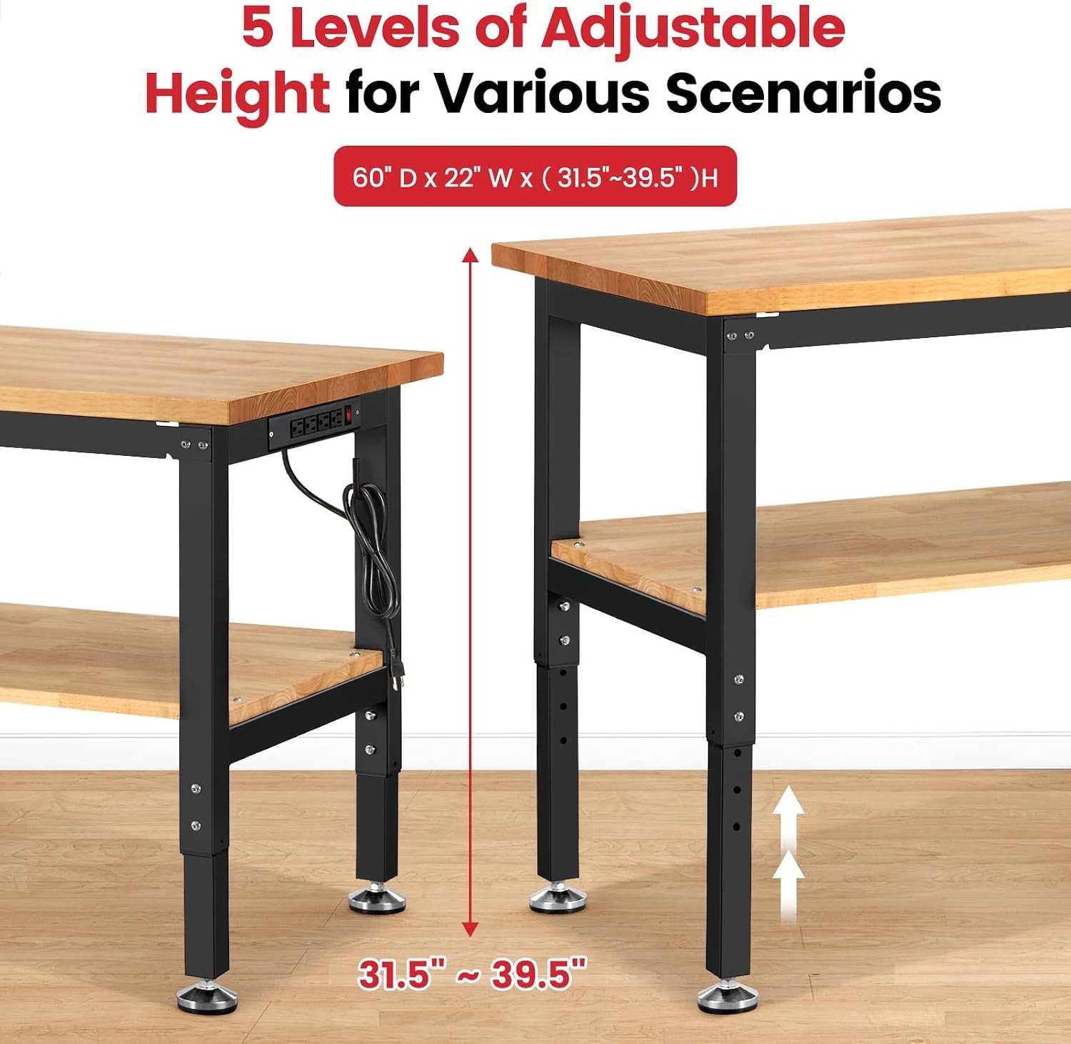 Adjustable Height Work Bench 60X 22 Workbench for Garage Work Table with under T